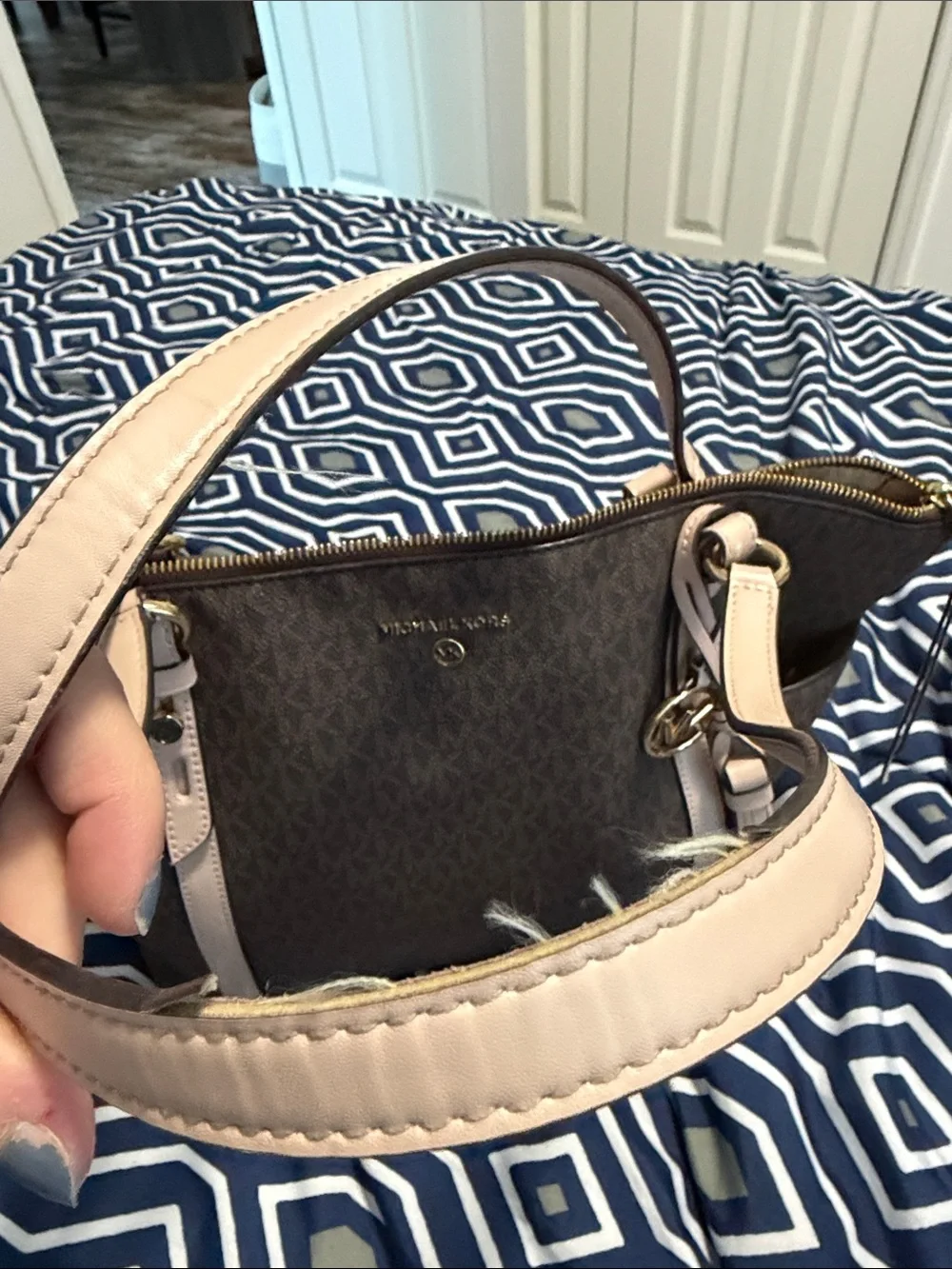 Michael Kors Brown Tote with Pale Pink Trim and Gold Hardware